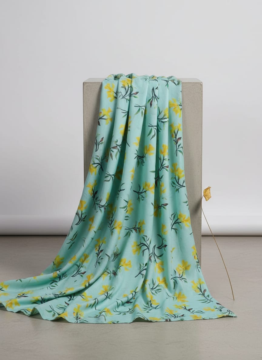 Blue Yellow Daffodil Floral Rayon Digital Printed Fabric
