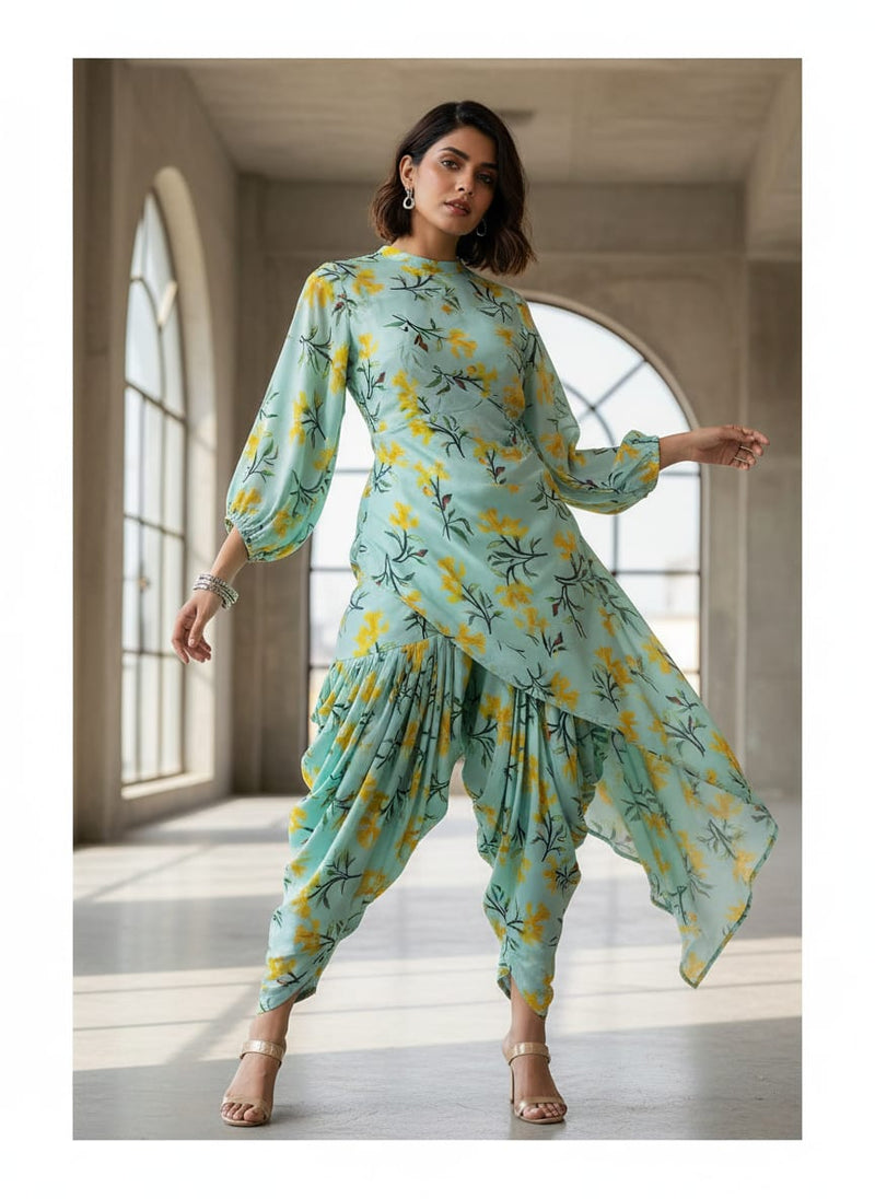 Blue Yellow Daffodil Floral Rayon Digital Printed Fabric