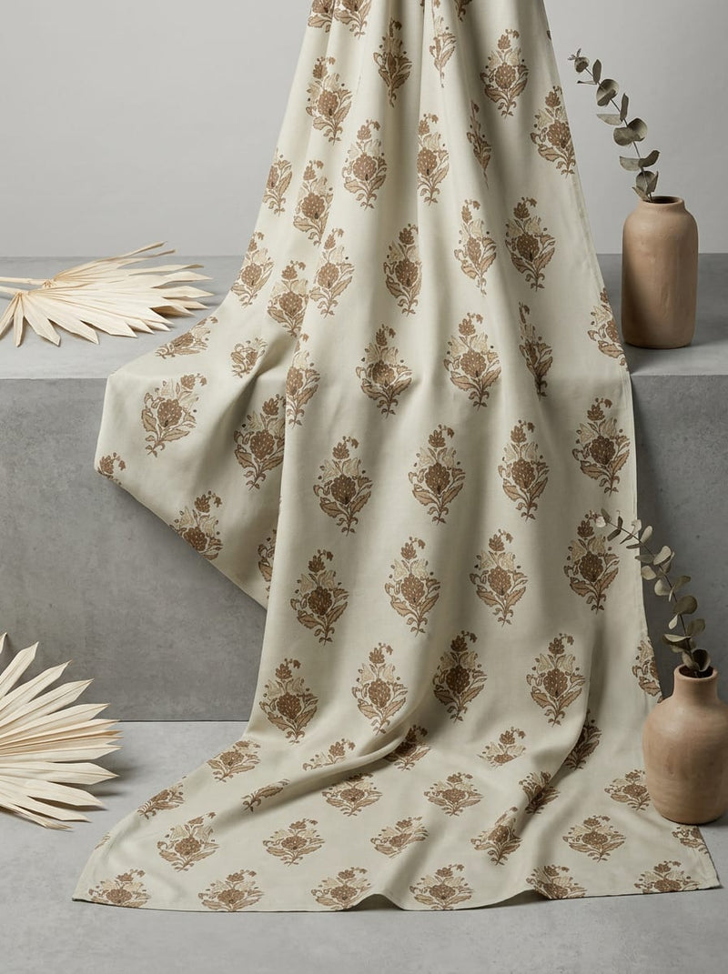 Cream and Brown Ethnic Floral Buta Motif Rayon Digital Printed Fabric