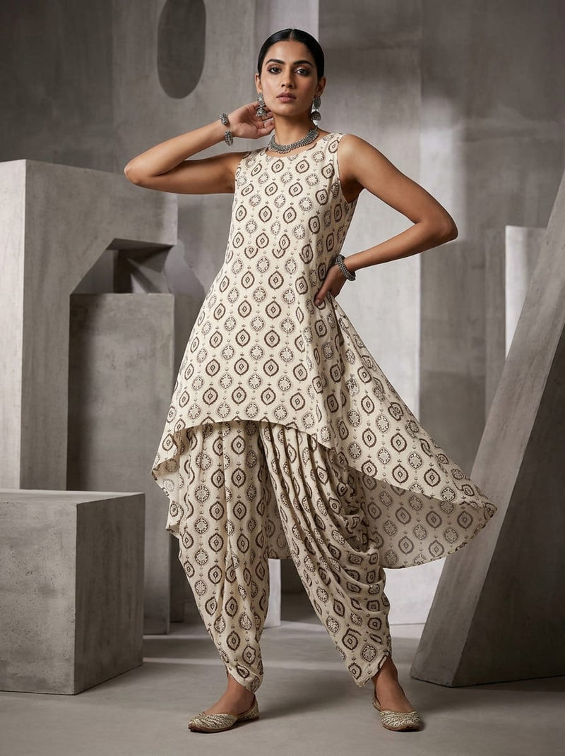 Cream and Brown Ethnic Damask Motif Rayon Digital Printed Fabric