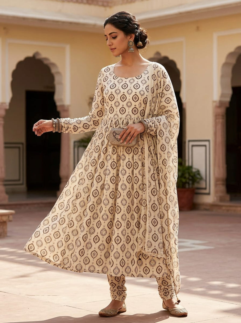 Cream and Brown Ethnic Damask Motif Rayon Digital Printed Fabric