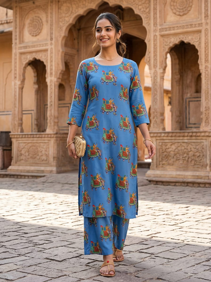 Blue Ethnic Elephant Rider Motif Rayon Digital Printed Fabric