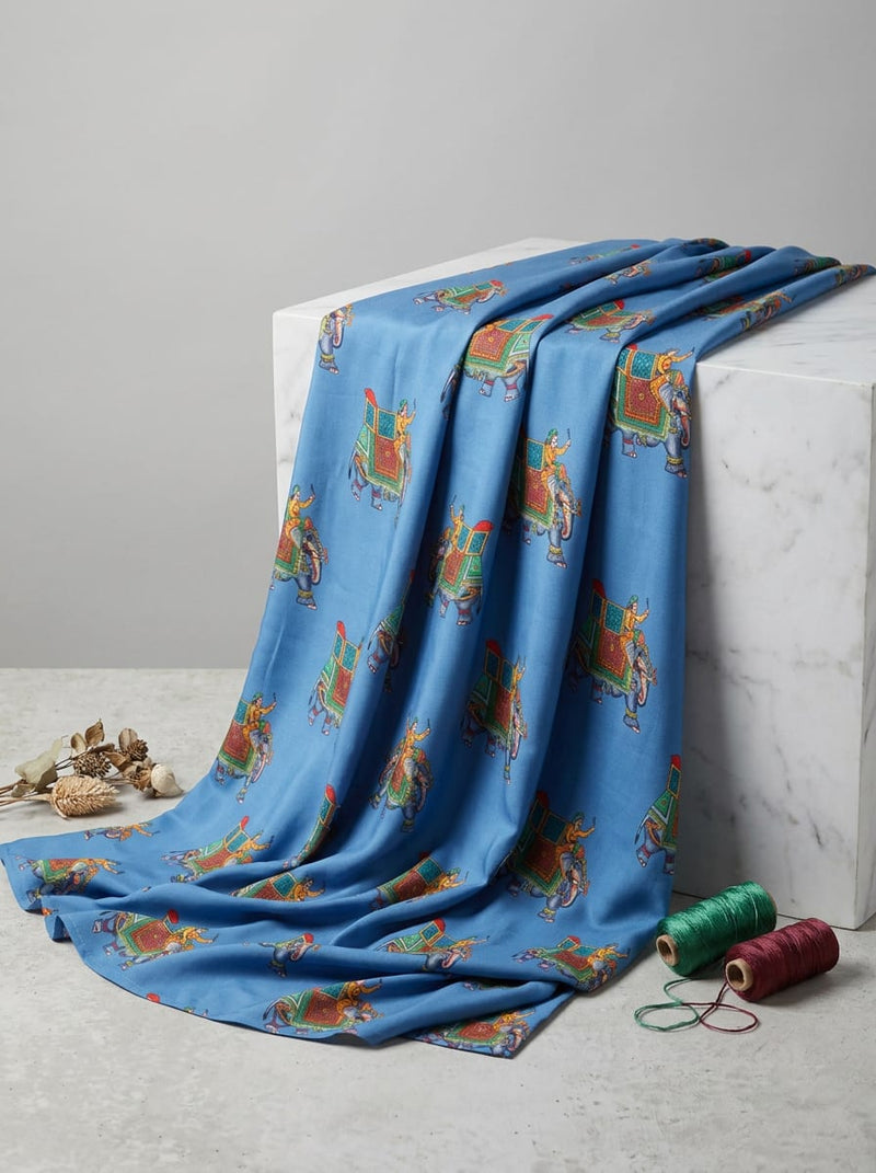 Blue Ethnic Elephant Rider Motif Rayon Digital Printed Fabric