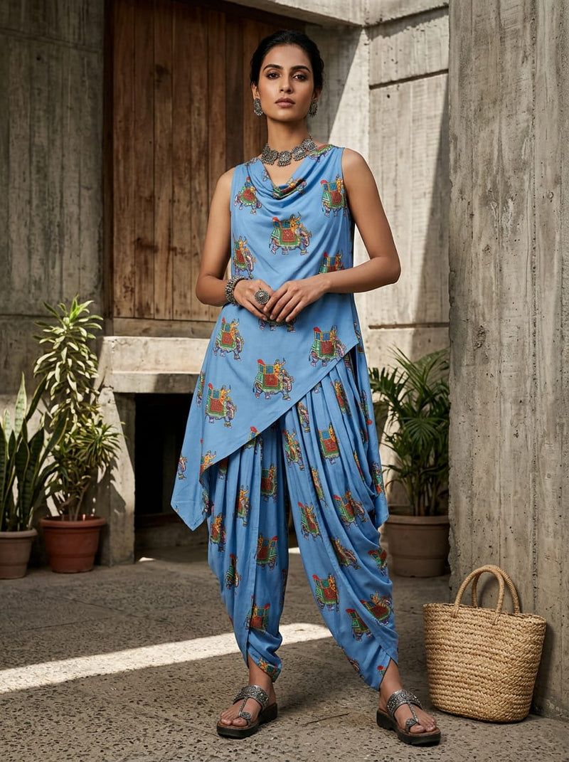 Blue Ethnic Elephant Rider Motif Rayon Digital Printed Fabric