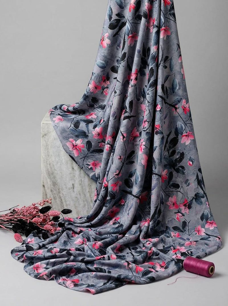 Grey Watercolour Cherry Blossom Floral Rayon Digital Printed Fabric