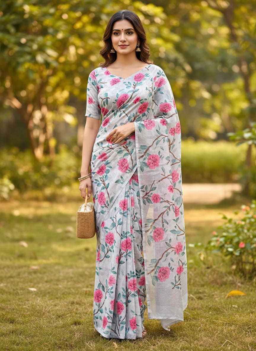 Multicolor Painterly Pink Floral Vine Rayon Digital Printed Fabric