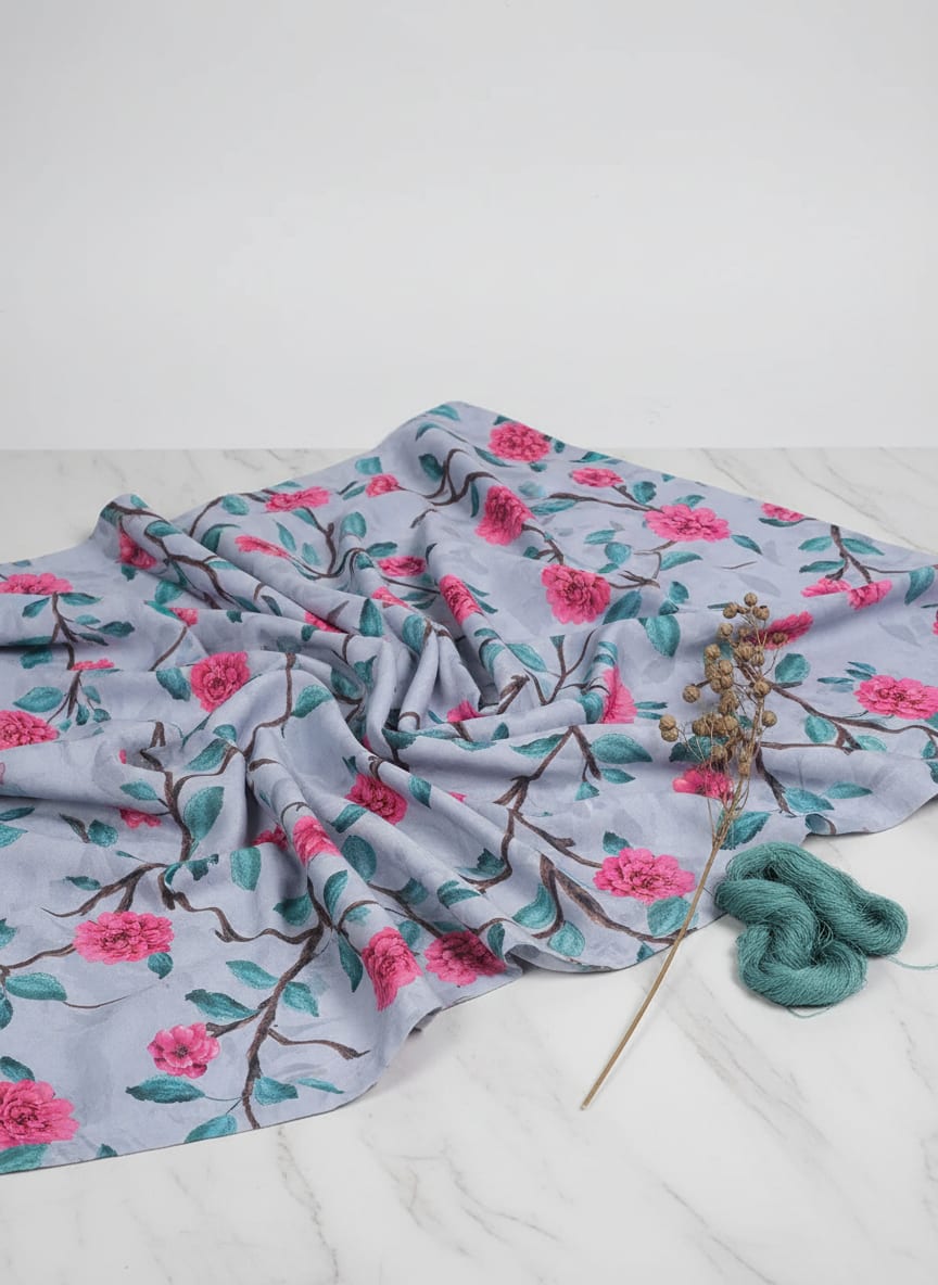 Multicolor Painterly Pink Floral Vine Rayon Digital Printed Fabric