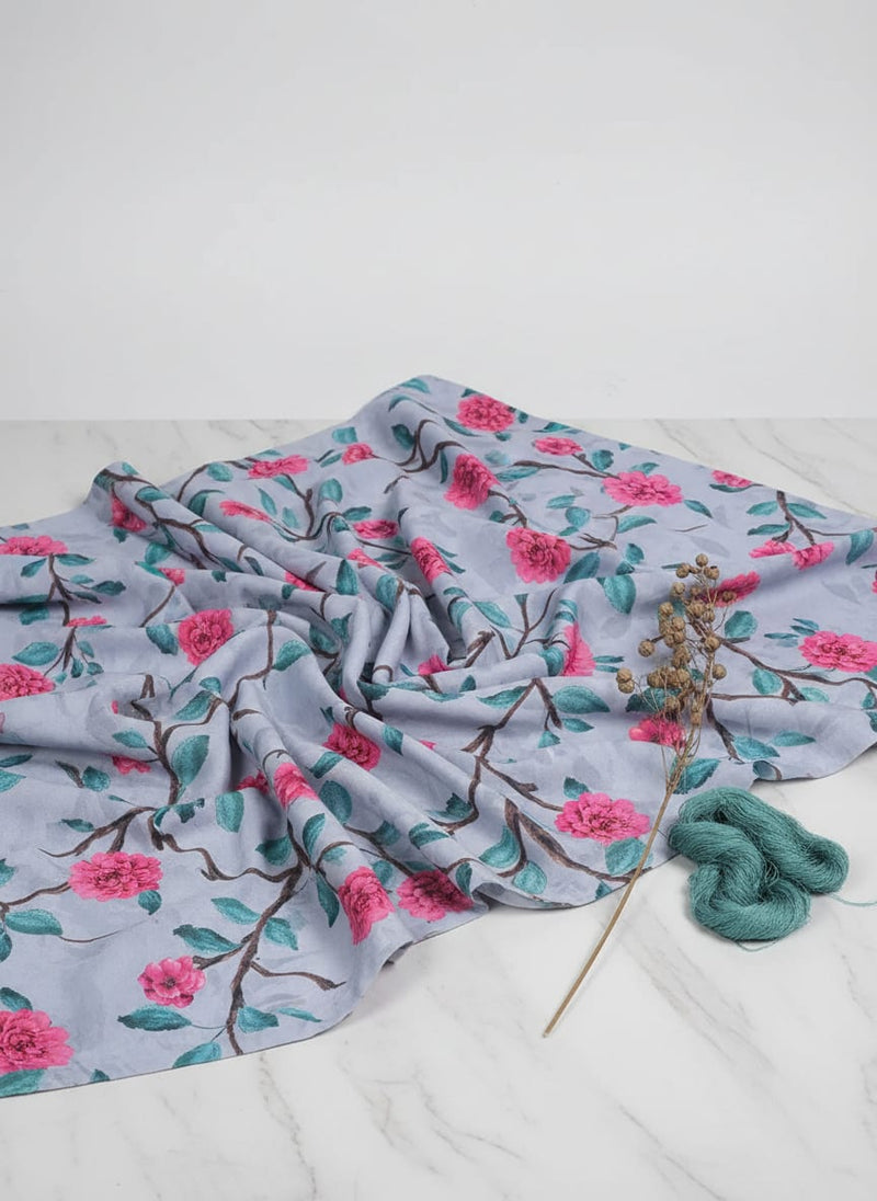 Multicolor Painterly Pink Floral Vine Rayon Digital Printed Fabric