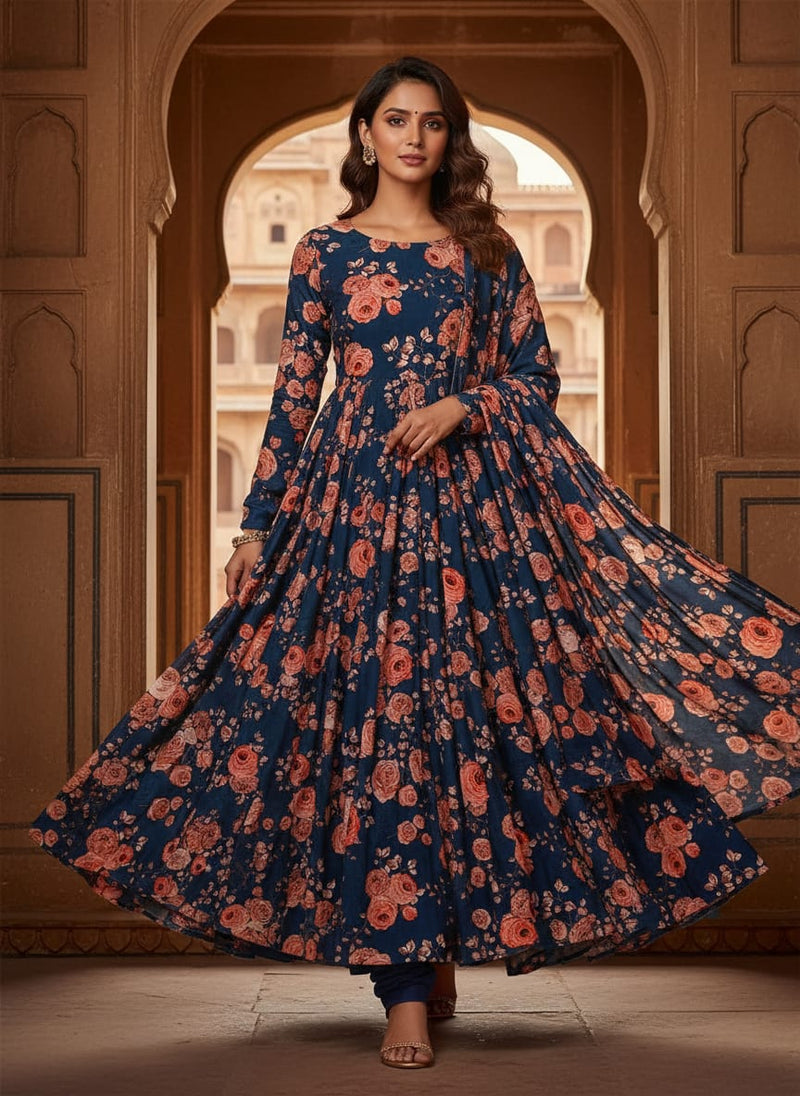 Navy Blue Classic Peach Rose Floral Rayon Digital Printed Fabric