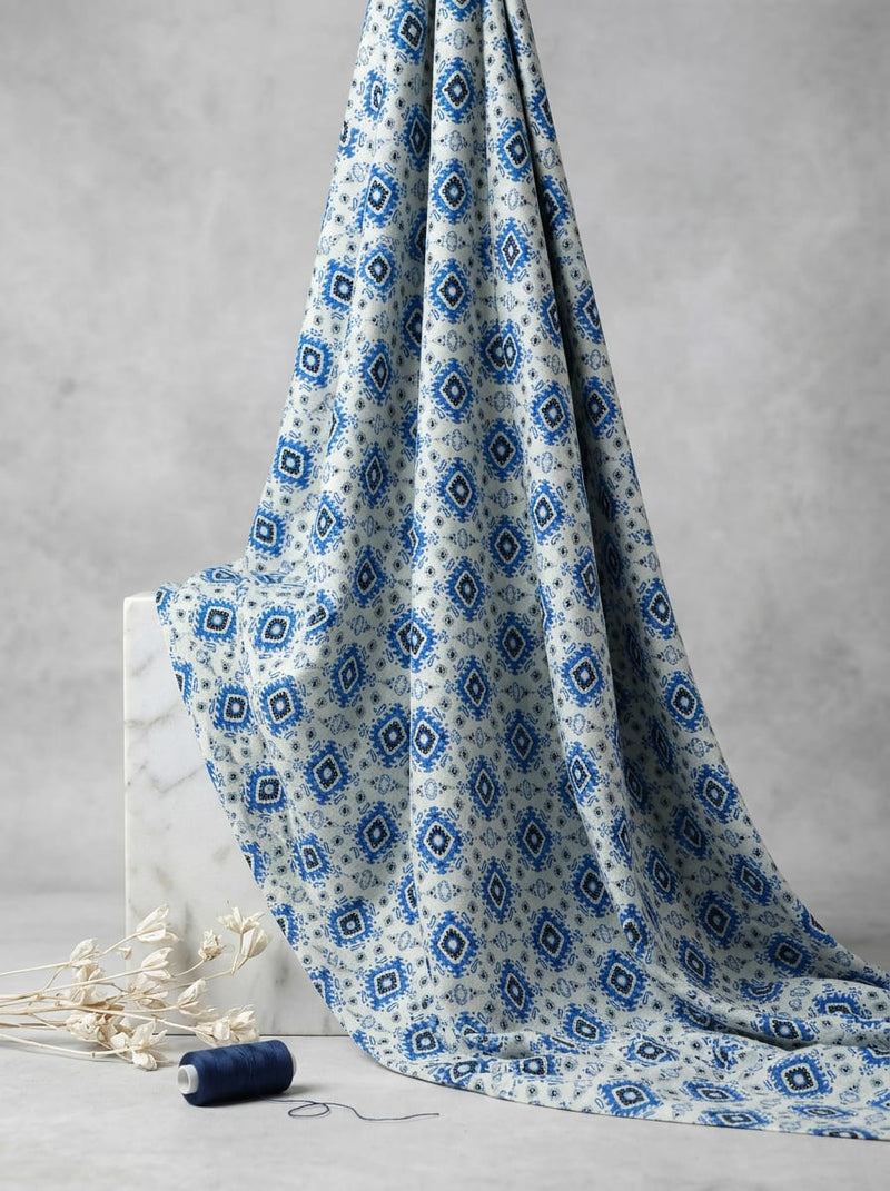 Blue Ethnic Geometric Diamond Print Rayon Digital Printed Fabric