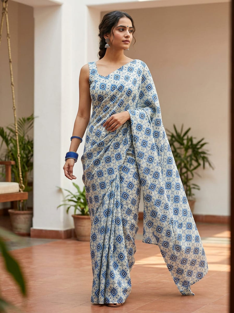 Blue Ethnic Geometric Diamond Print Rayon Digital Printed Fabric
