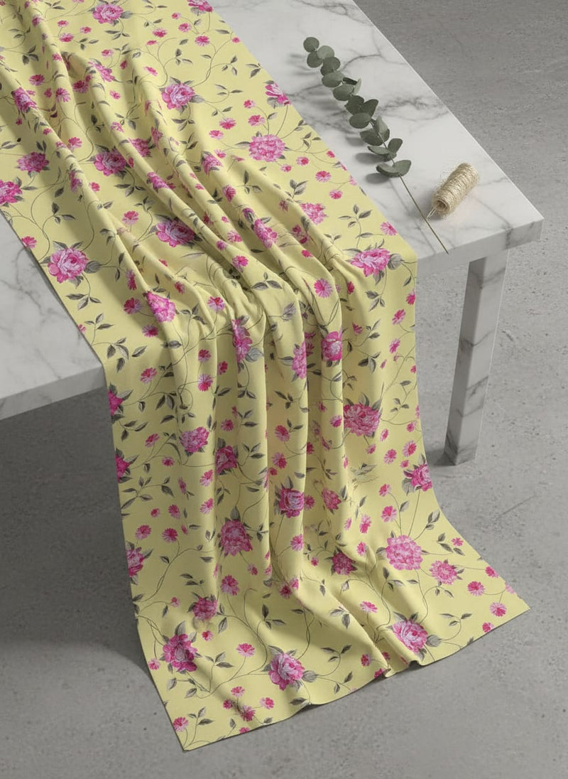 Yellow Vining Peony and Daisy Floral Rayon Digital Printed Fabric