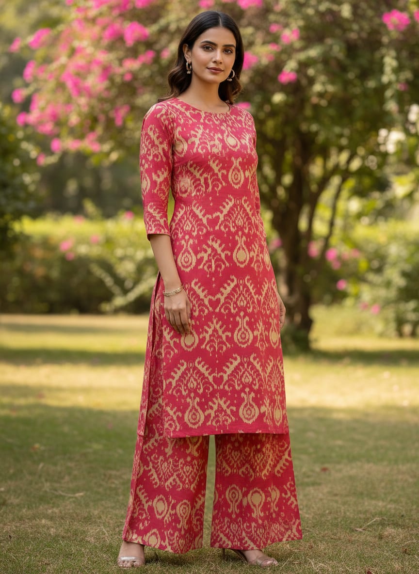 Pink Ethnic Ikat Pattern Rayon Digital Printed Fabric