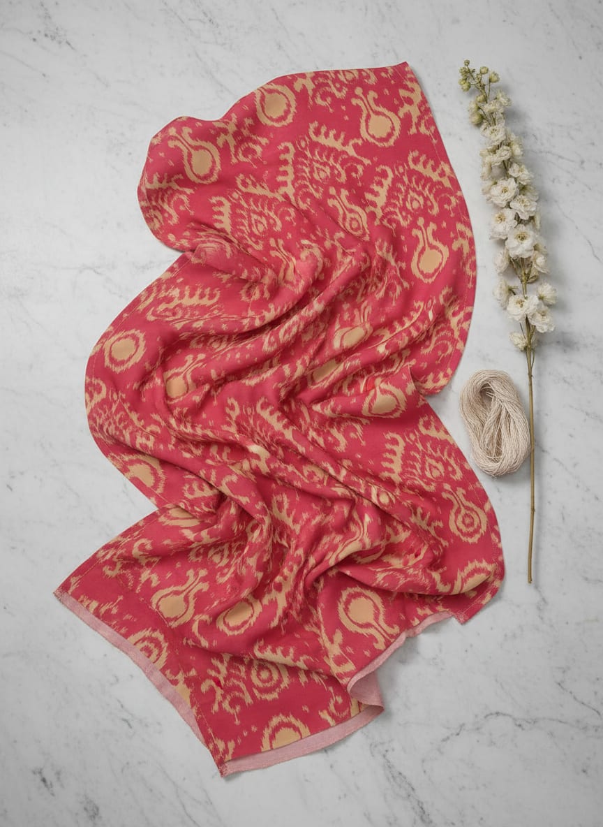 Pink Ethnic Ikat Pattern Rayon Digital Printed Fabric