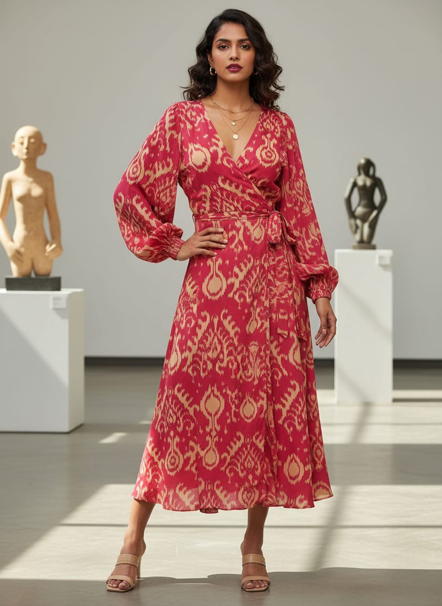 Pink Ethnic Ikat Pattern Rayon Digital Printed Fabric