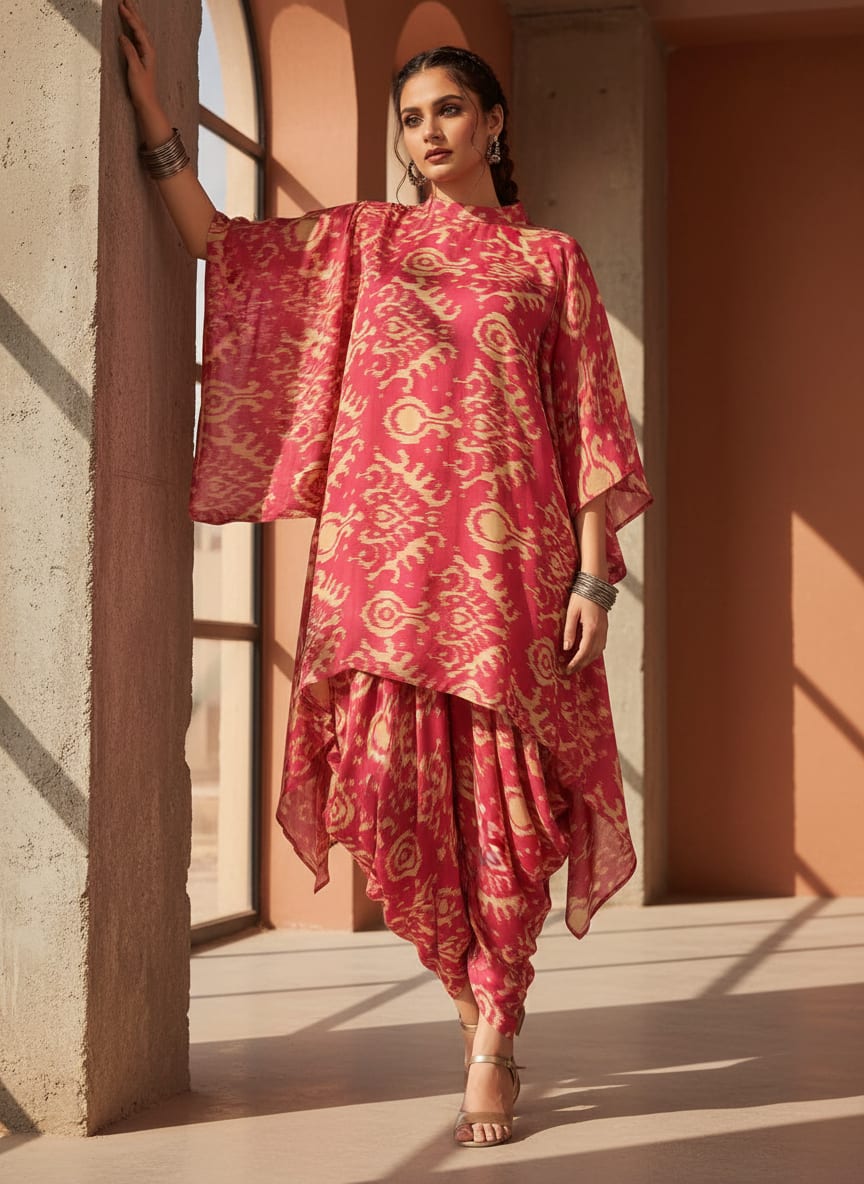 Pink Ethnic Ikat Pattern Rayon Digital Printed Fabric