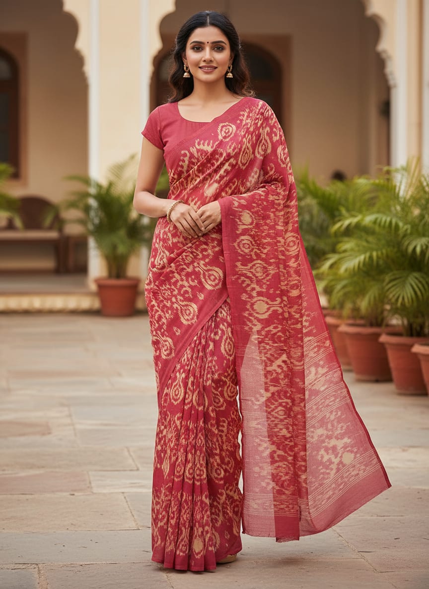 Pink Ethnic Ikat Pattern Rayon Digital Printed Fabric