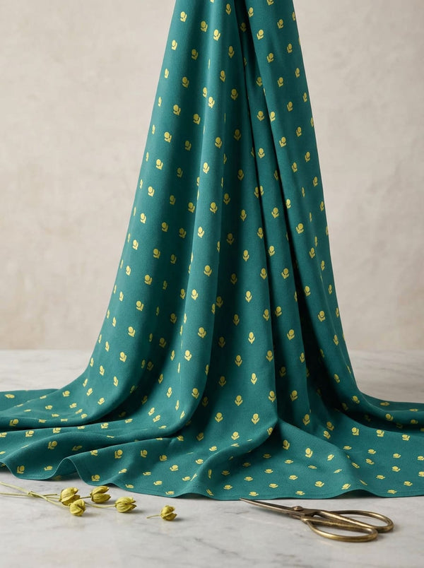 Teal Small Yellow Botanical Buti Rayon Digital Printed Fabric - Fabric Editorial Studio Flatlay Lookbook - RA-0-TA7590P1-110