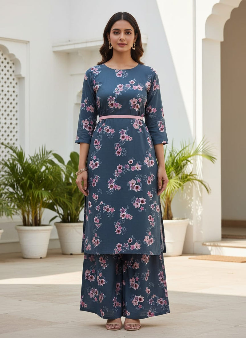 Pinkish Flowers With Neavy Blue Digital Printed Fabric - Rayon