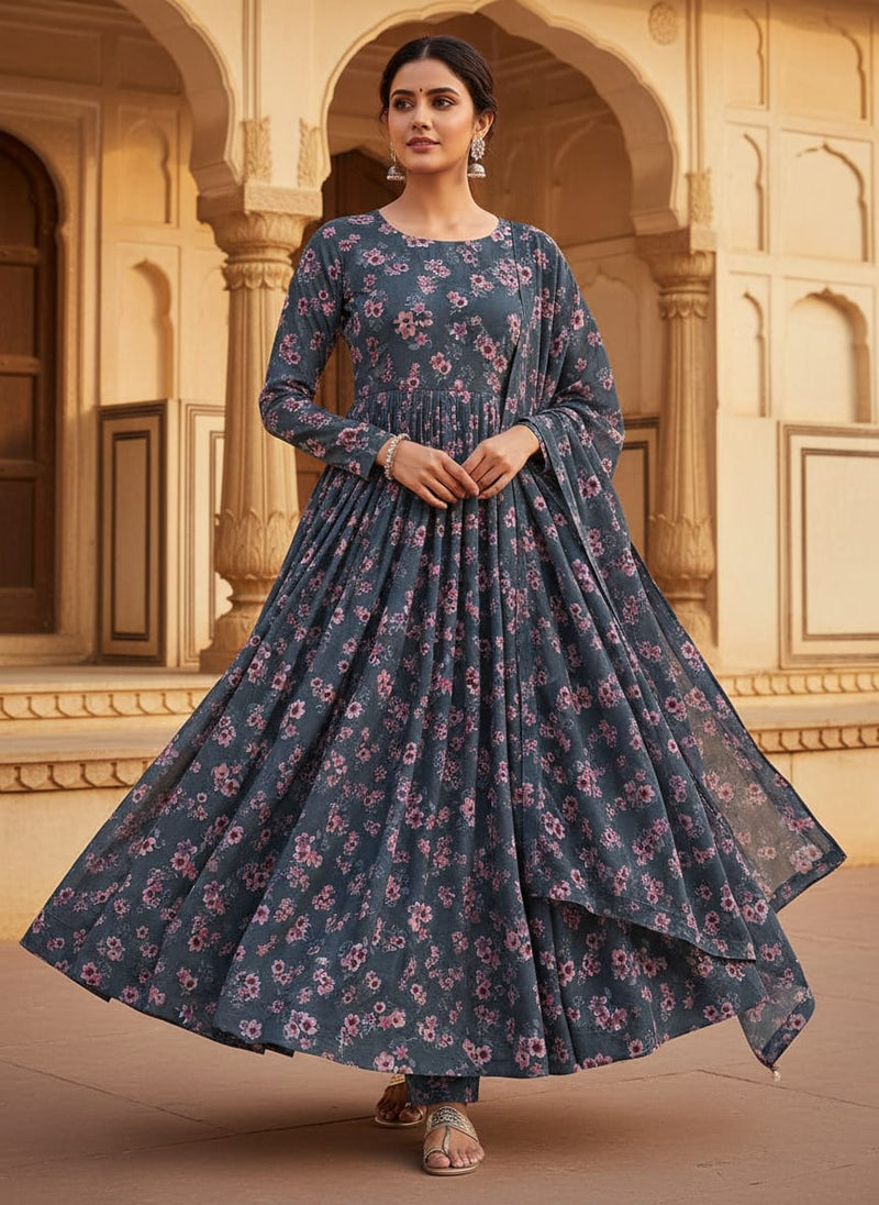 Pinkish Flowers With Neavy Blue Digital Printed Fabric - Rayon