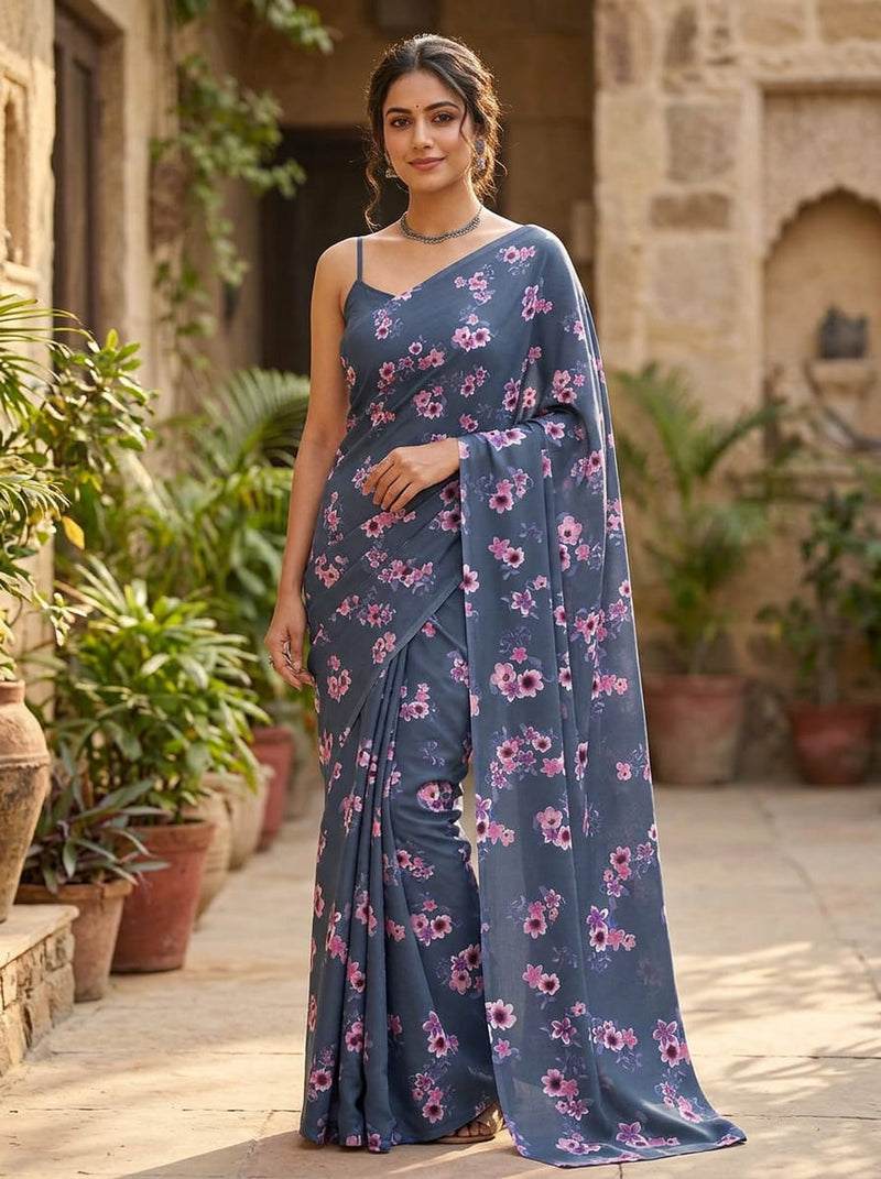 Navy Small Floral Clusters Rayon Digital Printed Fabric