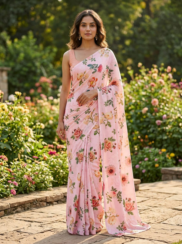 Pink Vintage English Roses Garden Rayon Digital Printed Fabric - Saree Lookbook - RA-0-TA05620P4-110 - alternate view