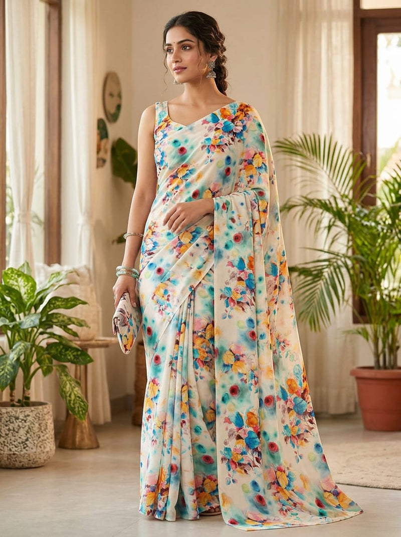 Multicolor Watercolor Floral Bouquet Rayon Digital Printed Fabric