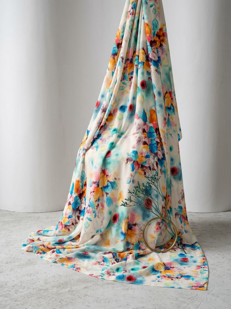 Multicolor Watercolor Floral Bouquet Rayon Digital Printed Fabric
