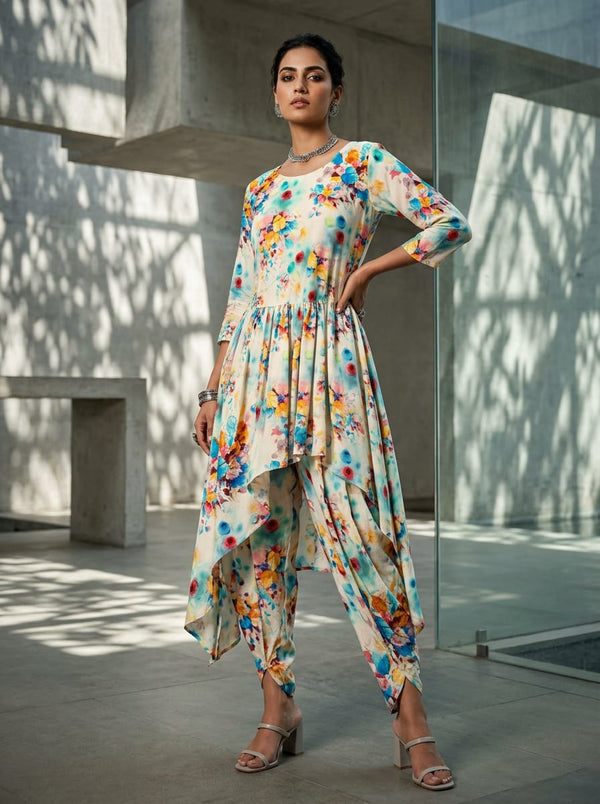 Multicolor Watercolor Floral Bouquet Rayon Digital Printed Fabric - Asymmetric Tunic with Dhoti Pants Lookbook - RA-0-TA08523P4-110 - alternate view