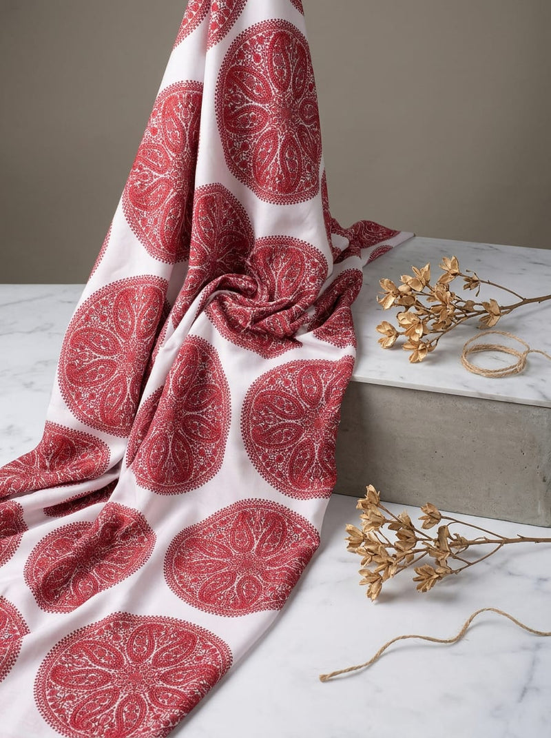 Red Intricate Ethnic Paisley Mandala Rayon Digital Printed Fabric