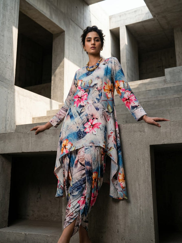 Multicolor Painterly Floral Abstract Print Rayon Digital Printed Fabric - Asymmetric Tunic with Dhoti Pants Lookbook - RA-0-TA08592-110 - alternate view