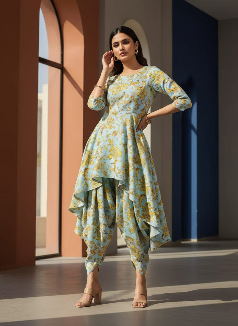 Royal Golden Flower Branch Digital Printed Fabric - Rayon