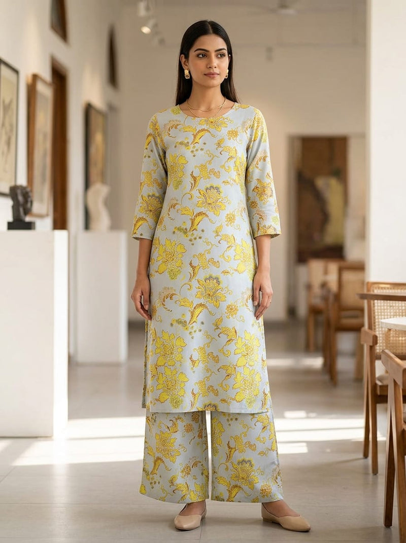 Blue Floral Paisley Print Rayon Digital Printed Fabric