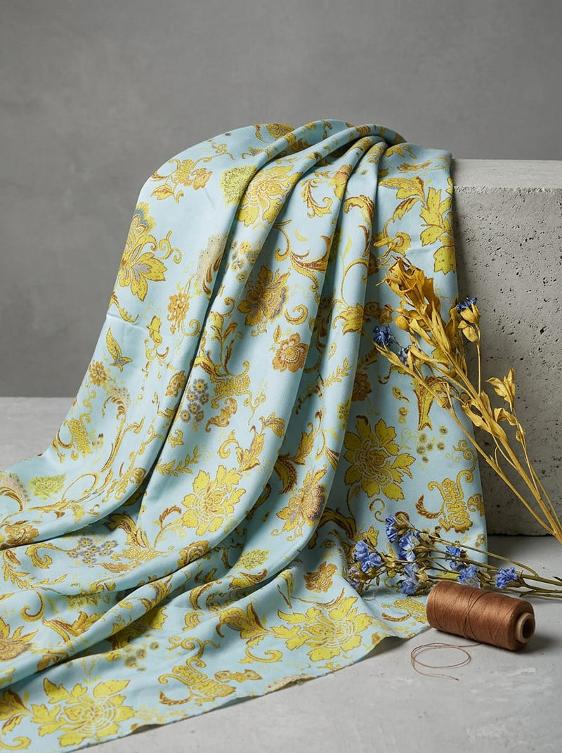 Blue Floral Paisley Print Rayon Digital Printed Fabric