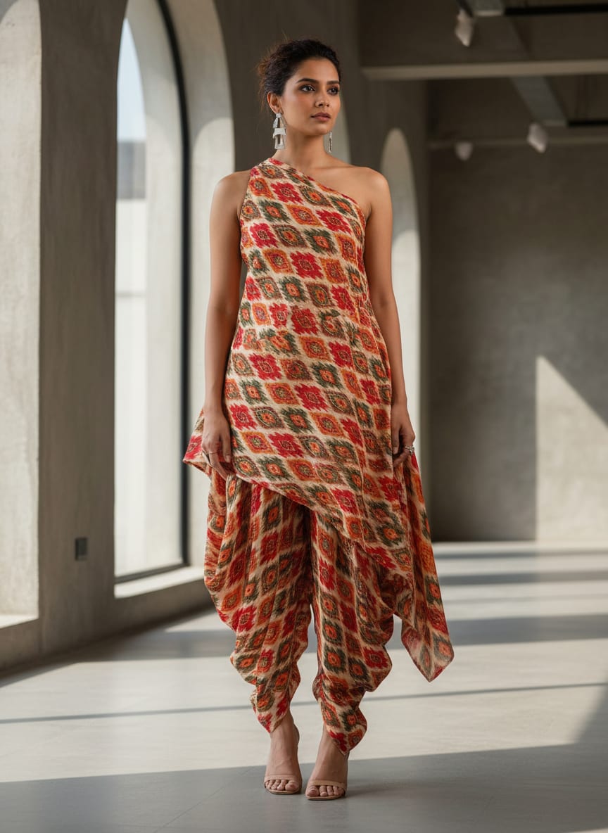 Multicolor Ethnic Ikat Diamond Pattern Rayon Digital Printed Fabric