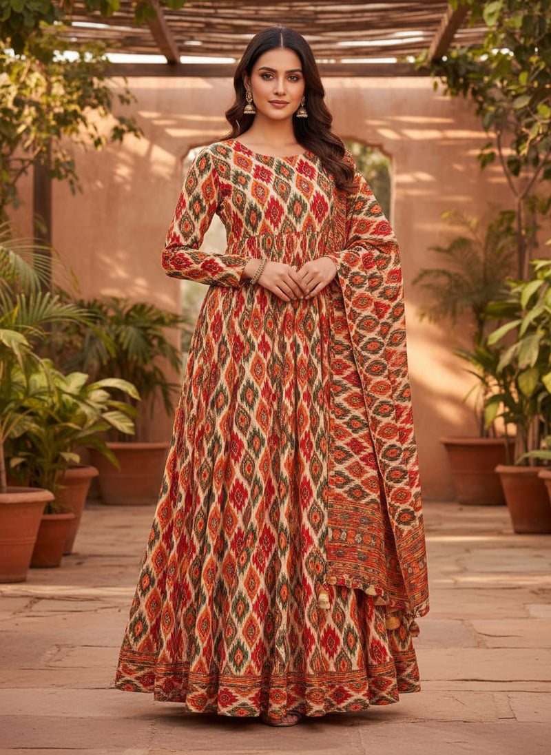 Multicolor Ethnic Ikat Diamond Pattern Rayon Digital Printed Fabric