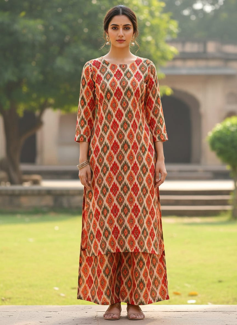 Multicolor Ethnic Ikat Diamond Pattern Rayon Digital Printed Fabric