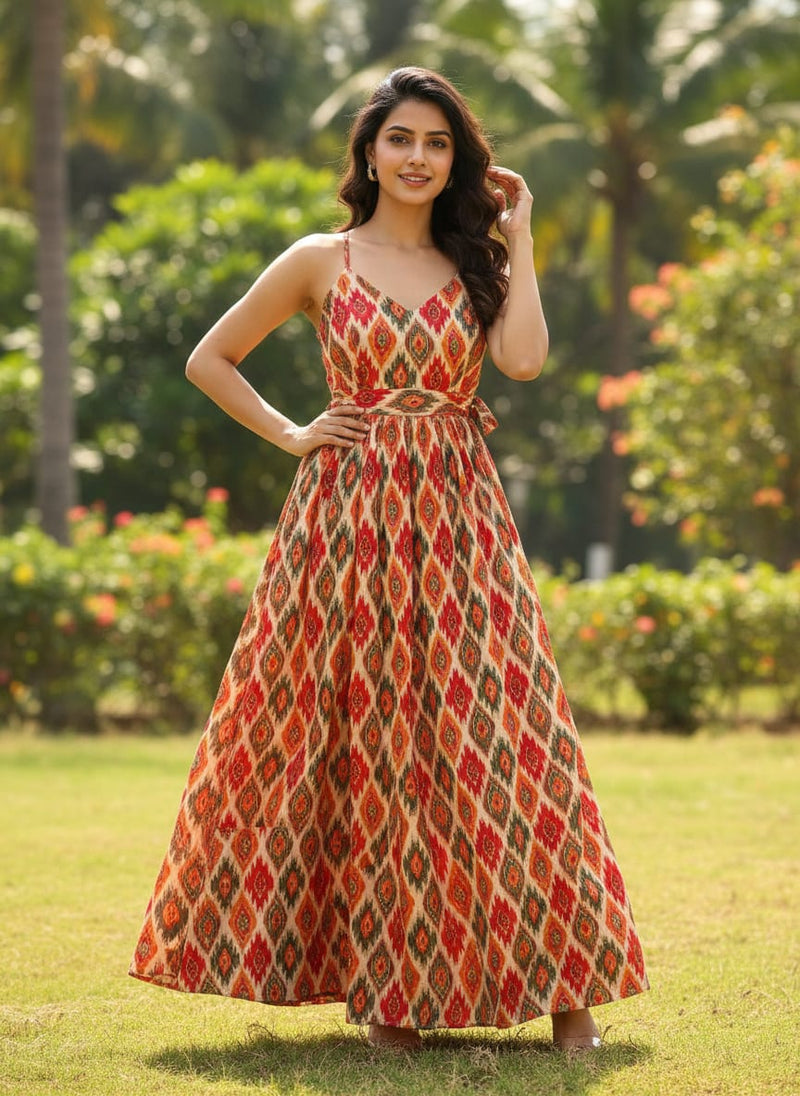 Multicolor Ethnic Ikat Diamond Pattern Rayon Digital Printed Fabric