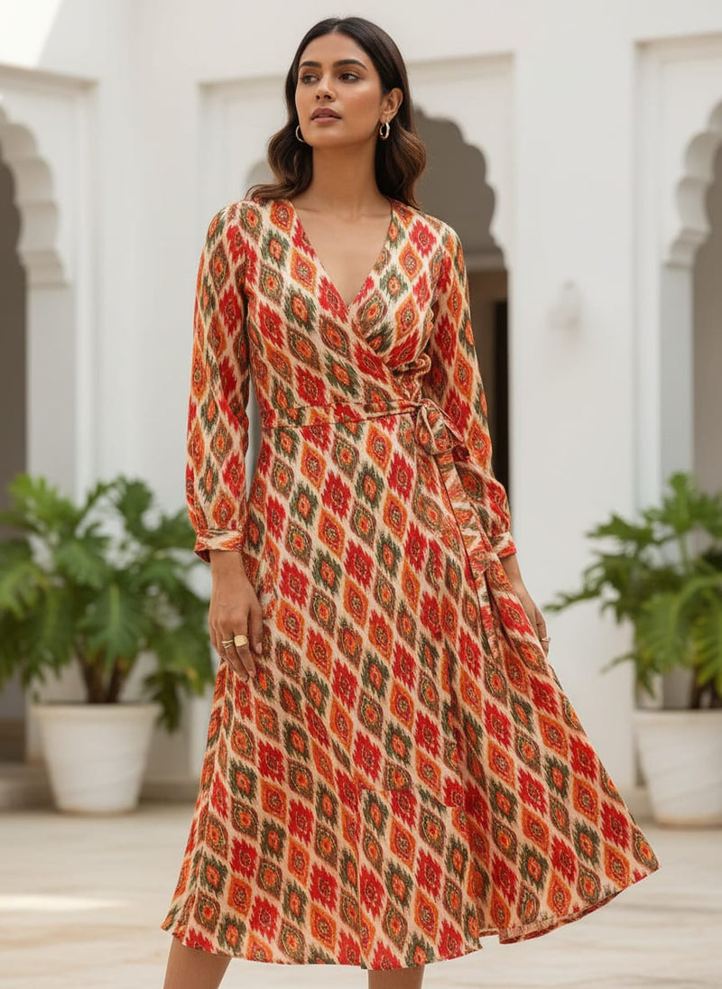 Multicolor Ethnic Ikat Diamond Pattern Rayon Digital Printed Fabric