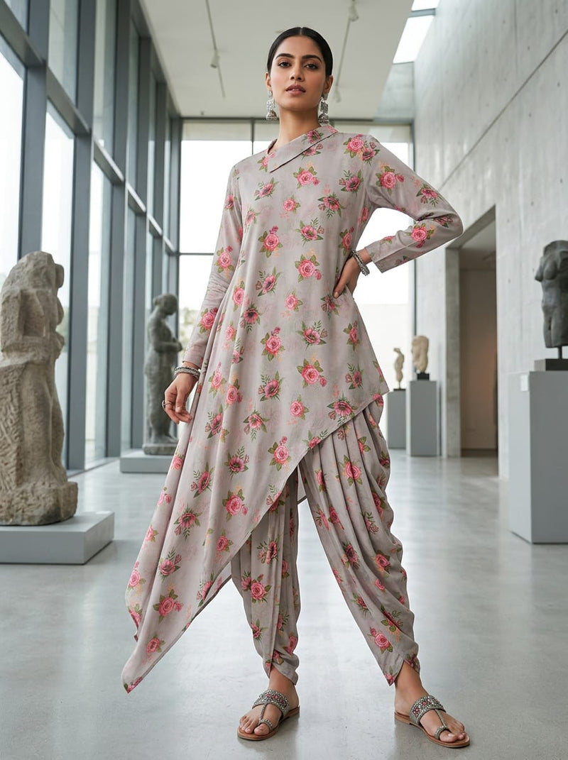 Grey Vintage Rose Floral Rayon Digital Printed Fabric