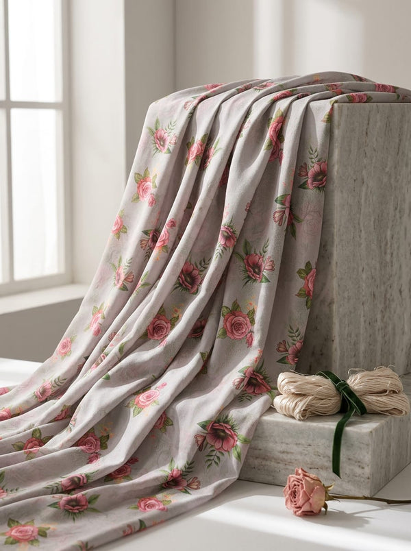 Grey Vintage Rose Floral Rayon Digital Printed Fabric - Fabric Editorial Studio Flatlay Lookbook - RA-0-TA08788-110