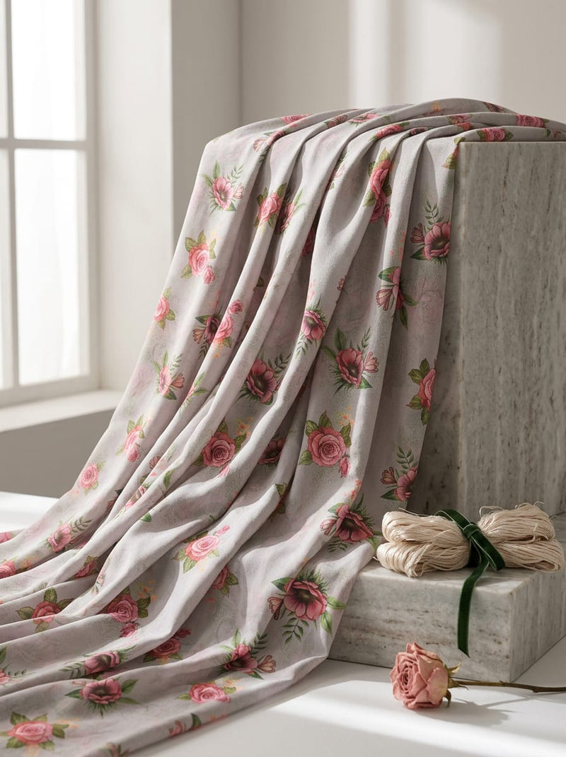 Grey Vintage Rose Floral Rayon Digital Printed Fabric
