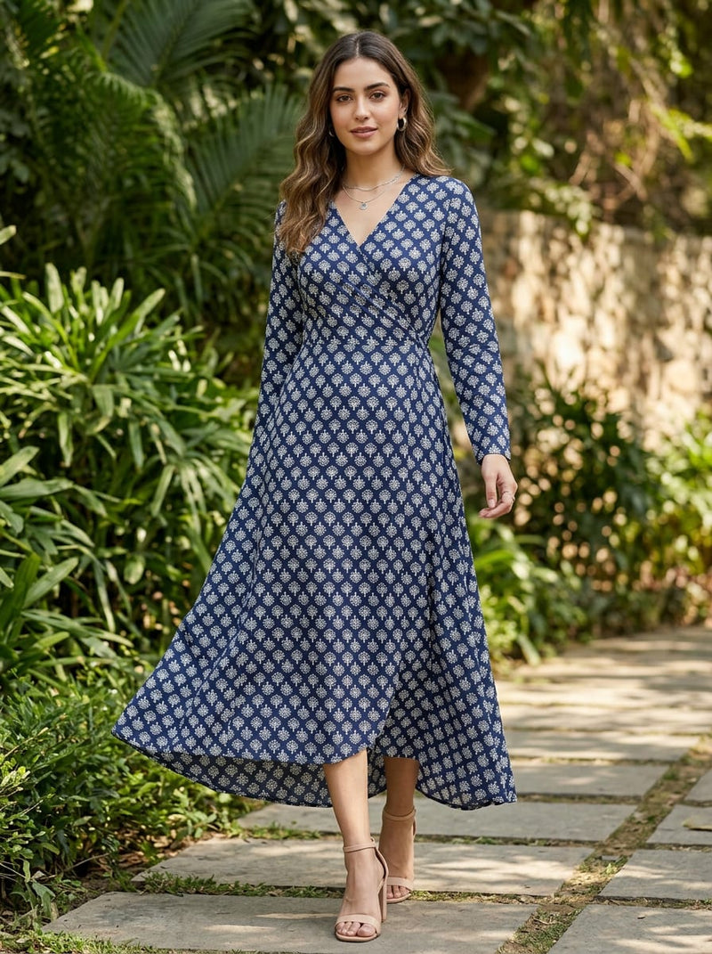 Navy Traditional Ethnic Buti Motif Rayon Digital Printed Fabric