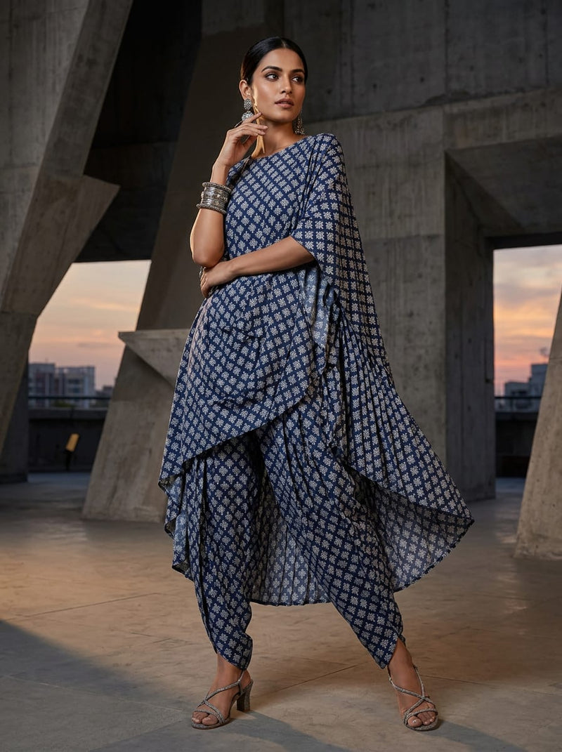 Navy Traditional Ethnic Buti Motif Rayon Digital Printed Fabric