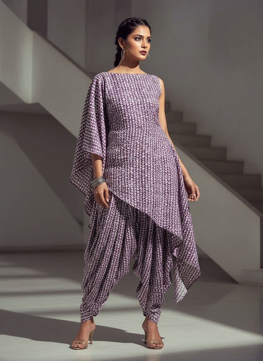 Purple Geometric Arrow Pattern Rayon Digital Printed Fabric