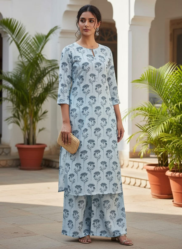 White Botanical Queen Anne's Lace Rayon Digital Printed Fabric - Straight Kurta with Palazzo Lookbook - RA-0-MA0126-110 - alternate view