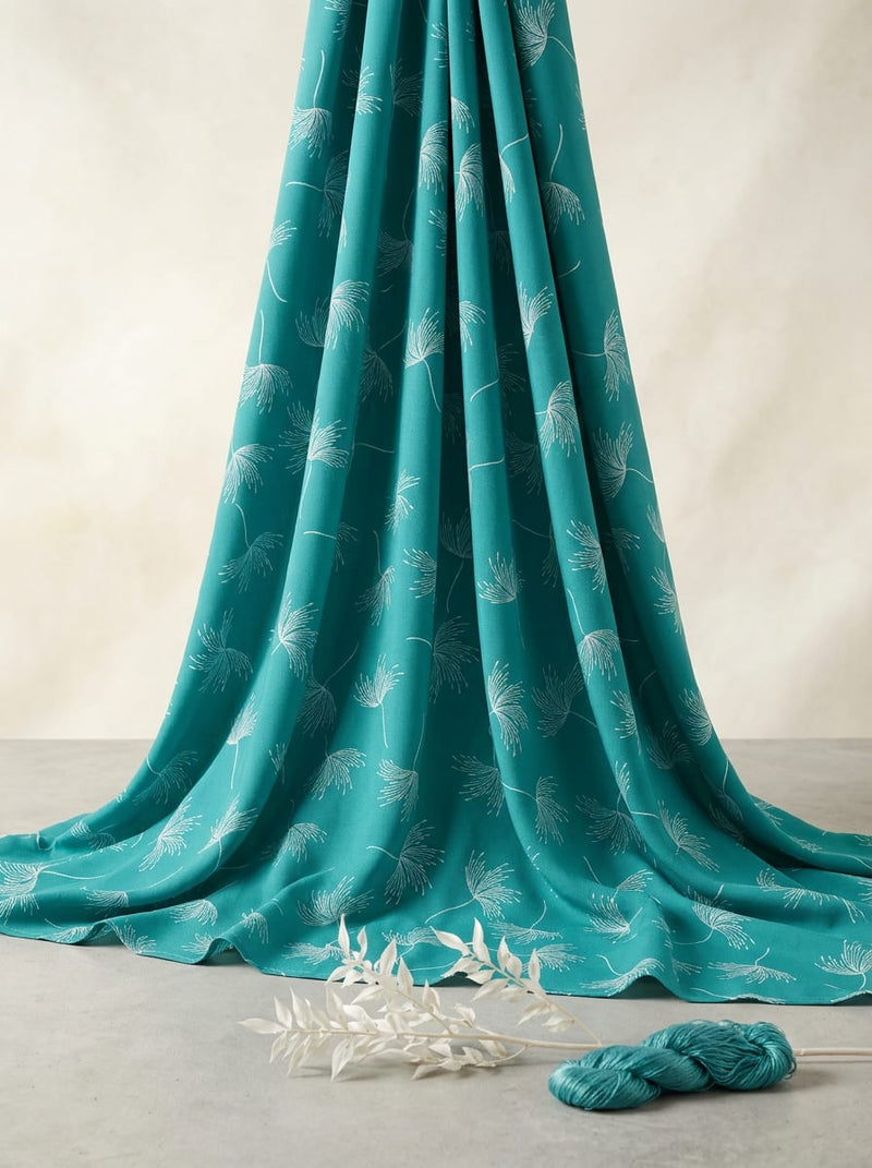 Teal Dandelion Seed Botanical Rayon Digital Printed Fabric
