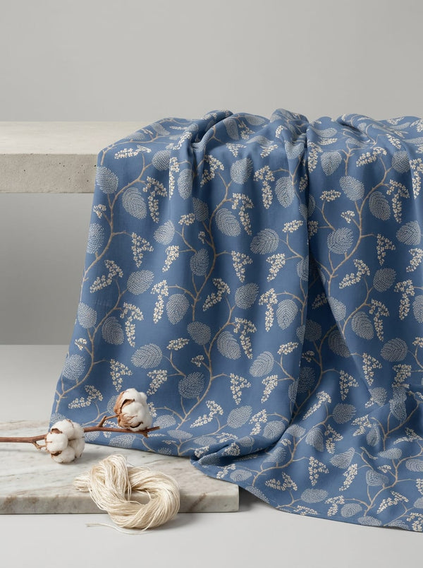 Blue Botanical Leaf and Flower Vine Rayon Digital Printed Fabric - Fabric Editorial Studio Flatlay Lookbook - RA-0-MA02863P3-110