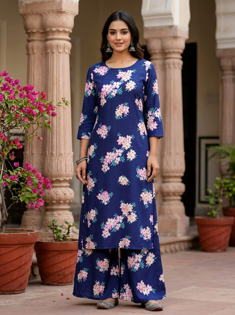 Navy Frangipani Floral Clusters Rayon Digital Printed Fabric