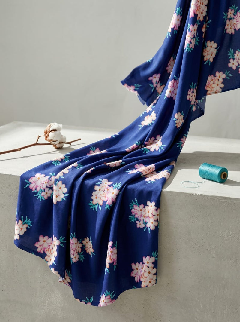Navy Frangipani Floral Clusters Rayon Digital Printed Fabric